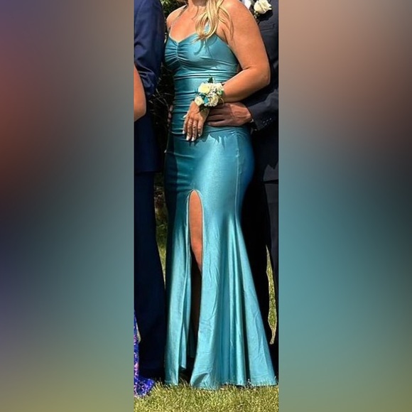 Teal Satin Criss Cross Gown - Picture 2 of 11